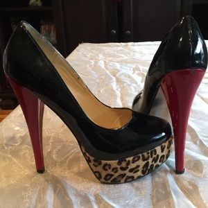 Steve Madden black pumps w/ red heel and cheetah